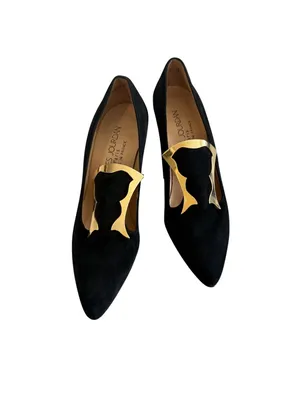 CHARLES JOURDAN Vintage Black Gold Suede Heels Size 6.5 NEW NWOB thumbnail 4