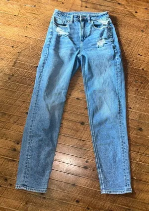 American Eagle light wash destroyed relaxed mom jeans thumbnail 1