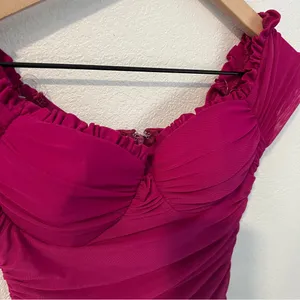 Privy Mesh Ruched Off The Shoulders Sweetheart‎ Mini Dress In Berry Size S thumbnail 3