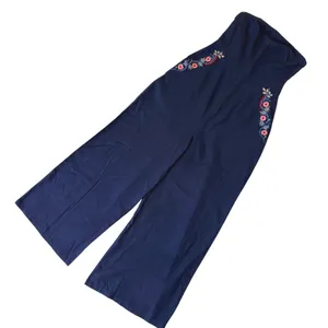 Bombay Paisley Strapless‎ Embroidered Linen Blend Jumpsuit Navy Blue XS Boho thumbnail 2