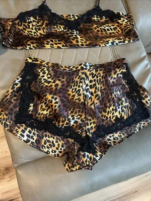 Victoria's Secret Leopard Print Satin Sleep Shorts in Brown and Gold thumbnail 2