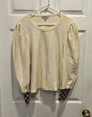 Polagram Cream Textured Puff Sleeve Top with Floral Contrast Cuffs M Cottagecore thumbnail 1