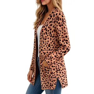 Rachel Zoe Leopard Print Open Front Cardigan Sweater Women’s M Tan Brown Pockets thumbnail 3