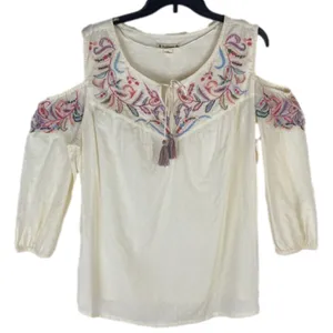 Ruff Hewn Boho Cream Floral Embroidered Cold Shoulder Peasant Shirt Western thumbnail 1