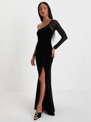 Lulus Lavish Style Black Velvet Mesh One-Shoulder Maxi Dress Size Medium Formal thumbnail 3