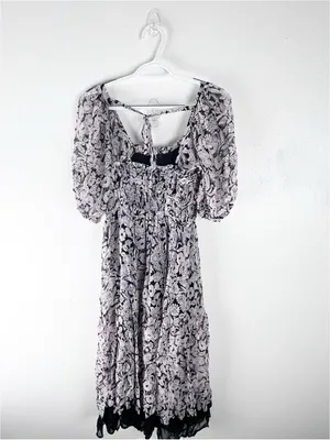 ANTHROPOLOGIE Black Squareneck Sheer Puff Sleeves Smocked Back Tie Midi Dress XS thumbnail 2