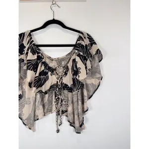 Free People Womens Top Beige Merpati Print Off The Shoulder Drapey Blouse Small thumbnail 8