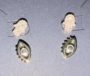 NEW QUAY Hamsa Hand‎ & Evil Eye Crystal Stud Earrings Gold Tone 2 Pair Box thumbnail 1