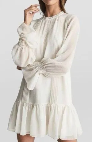 NWT Reiss Esme Shift Mini Dress Long Sleeve Ivory Size 2 Relaxed Fit Victorian thumbnail 1