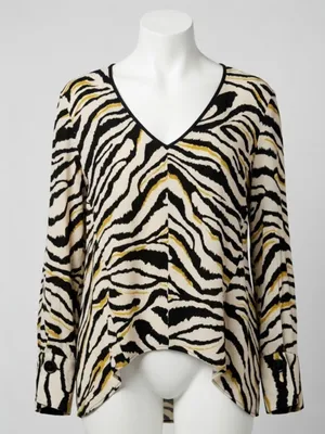 Zara Basic Zebra Print V Neck Shirt Animal High Low Long Sleeve Flowy Top Size S thumbnail 1