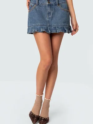 Edikted Pleated Hem low rise Washed Denim Mini Skirt Y2K, festival Western XL thumbnail 2