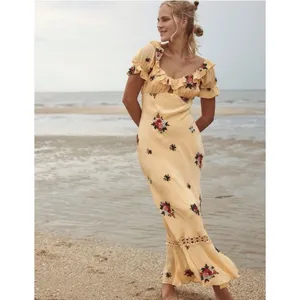 Free People Bali Santa Cruz Ruffle Maxi Dress S Yellow Floral Puff Sleeve Boho thumbnail 5