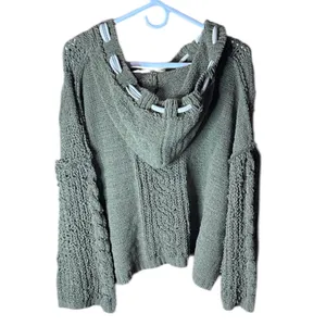 Pol Oversize Olive Green Chunky Knit Olive Sweater with Hoodie and Ties. Nubby thumbnail 5