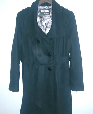 Guess L Full Length Logo Lined Pea Coat Double Breasted Belted Wool in Black thumbnail 1