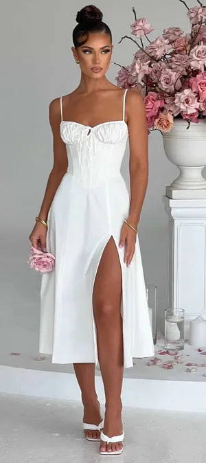 NWT Babyboo Deanna Ivory Corset Lace Up Fit & Flare Midi Dress Womens Size M thumbnail 1