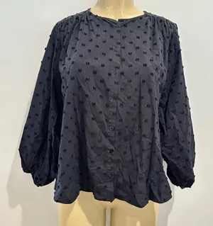 Zara Swiss Dot Blouse Sz M Black Long Sleeves Cotton Button Front Top Shirt thumbnail 1