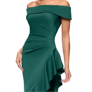 Xscape Off-The-Shoulder Dolly Scuba Ruffled Side-Slit‎ Gown Green 6 thumbnail 3