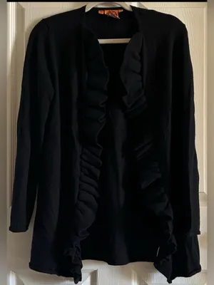 Tory Burch Black Merino Wool Ruffle Trim Open‎ Front Cardigan Sweater Sz Med thumbnail 1