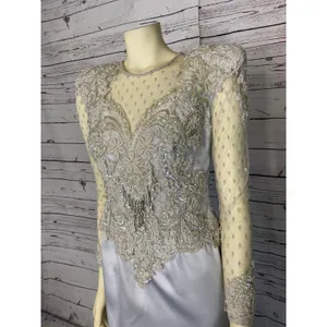1990s Vintage Ice Blue Beaded Formal Gown Sheer Lace Bodice Custom S-M thumbnail 8