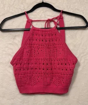 Hot Pink Crochet Knit Halter Top Womens Small‎ Boho Pointelle Crop Tank Tie Back thumbnail 1