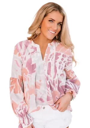 Entro Blouse Large Pastel Tie Dye Balloon Sleeve V-Neck Boho Festival Watercolor thumbnail 1