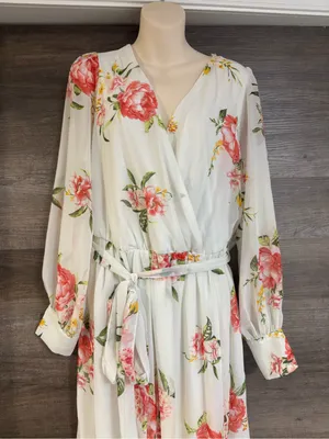 Cream Floral Wrap Maxi Dress with Pink Blooms thumbnail 2
