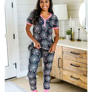 Shirley & Stone Womens Halloween Spider‎ Web Henley Pajama Set Pink Black Medium thumbnail 6