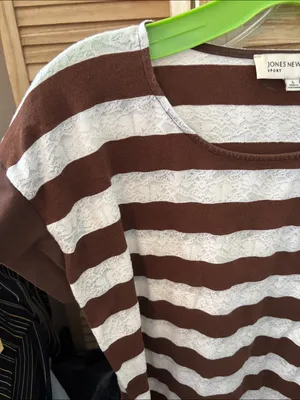 Jones New York Brown and White Striped Lace-Inset Short Sleeve Tee Large thumbnail 2