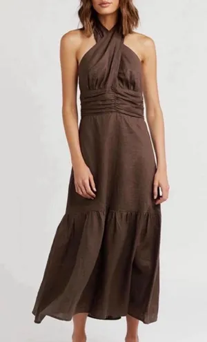 Dishh Harrier Linen Dress Womens 8 Dark Chocolate Brown Halter Midi Tiered thumbnail 1