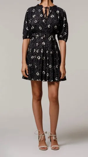 Anthropologie Lusana women Cinched mini dress tiered print balloon sleeve M 6 thumbnail 1