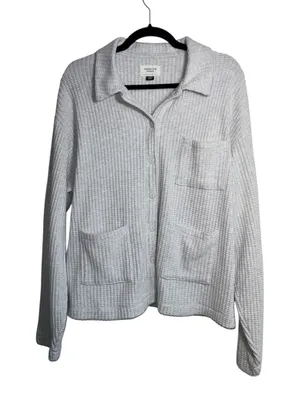 American Eagle Waffle Knit Shacket Light Gray Pocket Button Front thumbnail 1