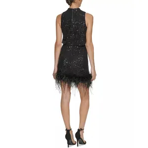 Eliza J Sequined Feather Hem Mini Dress Party Glam Mockneck Cocktail US 8 NWT thumbnail 2