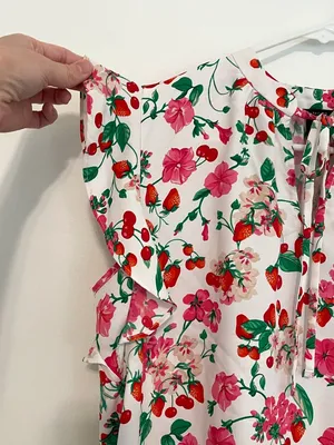 ANN TAYLOR Floral Mixed Media Ruffle Sleeve Tie Neck Shell Top White Strawberry thumbnail 9