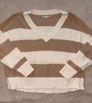 American Eagle V-Neck Striped Knit Sweater in Cream and Brown thumbnail 1