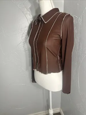 Divided Dark Brown Long-Sleeve Button-Down Top with Contrast Seams thumbnail 4