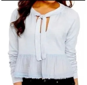 Free People Sweet Jane Pullover Top Blue Tie Neck Ruffle Hem Boho Medium thumbnail 1