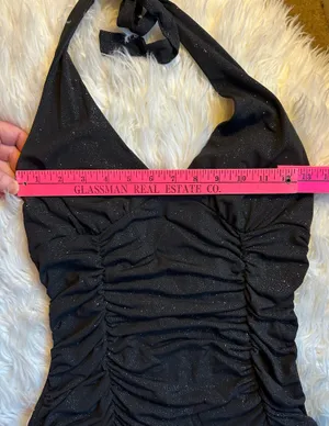 La Belle Vintage Y2K Black Glitter Ruched Halter Tiered Dress Medium Homecoming thumbnail 15
