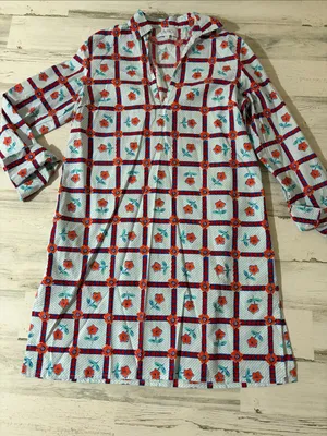 Livro Floral Grid Cotton Tunic Dress in Blue and Orange and Red thumbnail 1