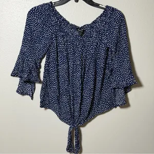 Express Women Navy Blue‎ Polka Dot Top Blouse Off Shoulder size S thumbnail 2