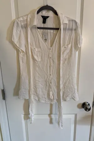 White House Black Market Silk Stretch Button Up Shirt Blouse Ivory Size 14 NWT thumbnail 1
