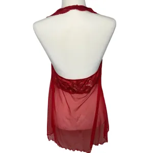 Victorias Secret Red Lace Mesh Babydoll Chemise Lingerie sz L Mini Slip Romantic thumbnail 4