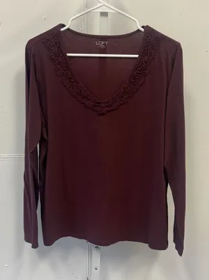 Loft Outlet XL Burgundy Crochet Lace V-Neck Long Sleeve Cotton Top Soft thumbnail 1