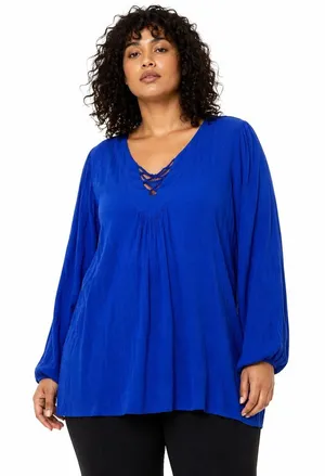 Torrid 2X Blue Lace-Up Crinkle‎ Gauze Blouse Top Minimalist Coastal Boho Resort thumbnail 1