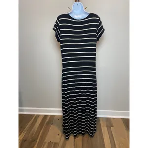 Garnet Hill Maxi Dress Size L Black Cream Striped Tie‑Front Short Sleeve thumbnail 3