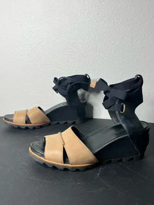 Sorel Joanie Lace Up Wrap Wedge Sandal in Black Tan Size 9 thumbnail 3