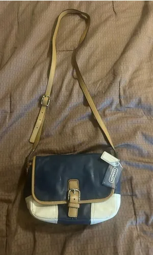 COACH 2014 Hadley Tricolor Colorblock blue tan & white leather crossbody thumbnail 1