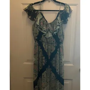 Lily Rose Teal Navy Paisley Cold Shoulder Maxi‎ Dress Ruffle V-Neck Boho Medium thumbnail 8