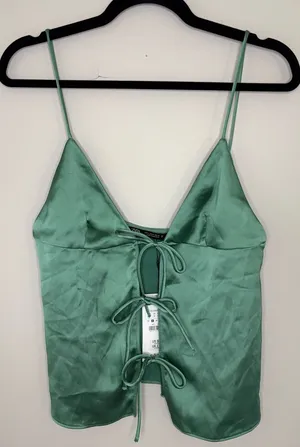 ZARA Satin Tie Front Cami Top Sage Green Size S NWT thumbnail 1