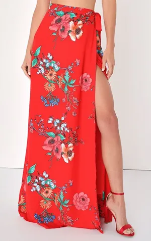 Lulus Bloom With a View Red Floral Print Wrap Tie Maxi Skirt thumbnail 1