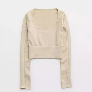 OFFLINE By Aerie Seamless Cable Square Neck long sleeve T-Shirt crop top OAT bei thumbnail 2